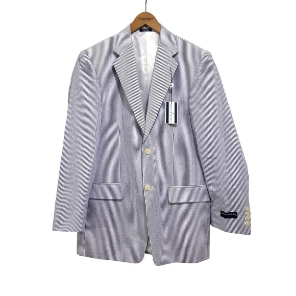 Saddlebred Other - Saddlebred Mens 38R Blue White Striped Seersucker Blazer Sport Coat B4620J NWT
